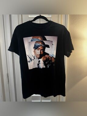 2Pac Black Graphic Crewneck T-Shirt with Portrait Print